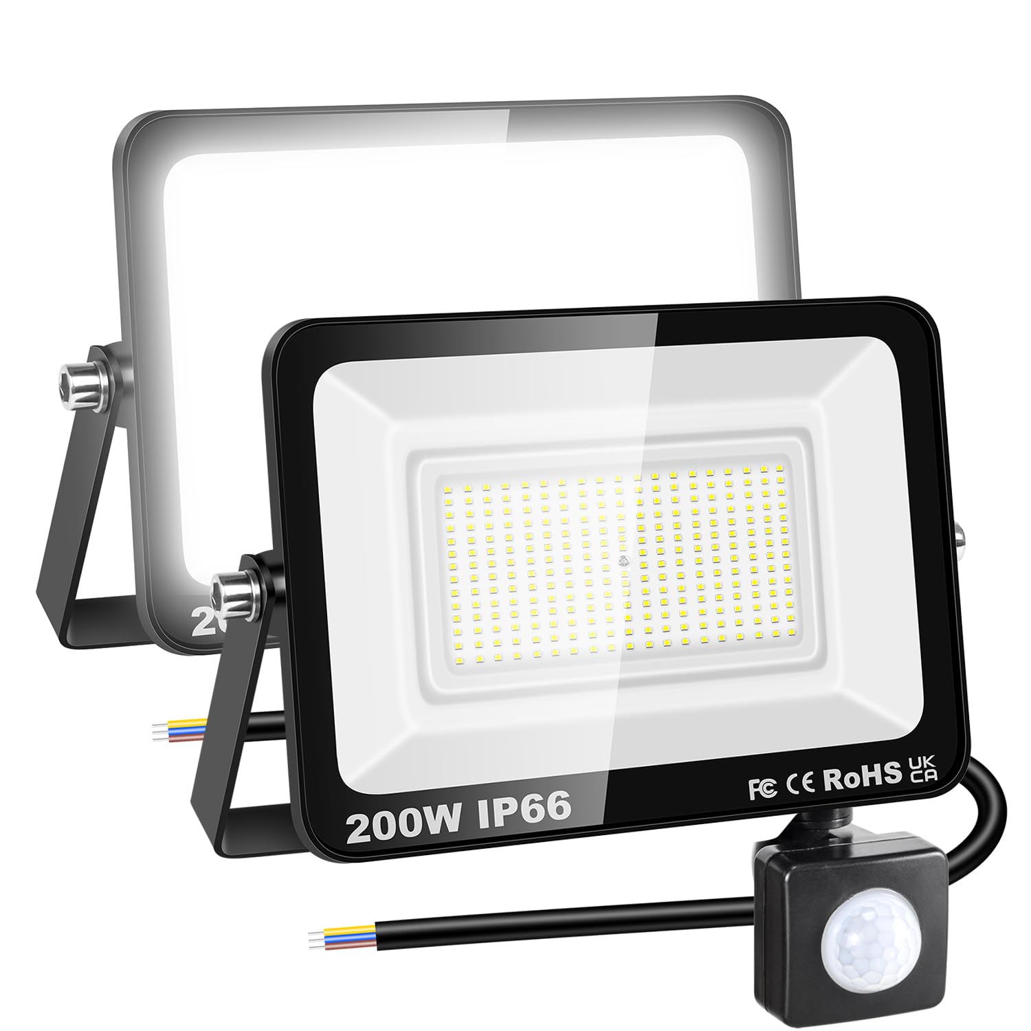 RIGIDON 2x 200W PIR aussenleuchte bewegungsmelder led strahler, außen lampe | 20000lm, ohne stecker, 6000K kaltweiß, wasserdicht, led flutlicht, außenleuchte, für garten garage innenhöfe carport hauswand