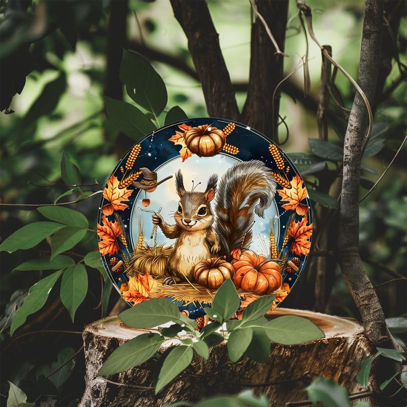 Miniatura 7 de Letrero redondo de aluminio de ardilla otoñal, vintage, para otoño, invierno, vacaciones, ardilla, letrero de metal adecuado para el hogar, bar,
