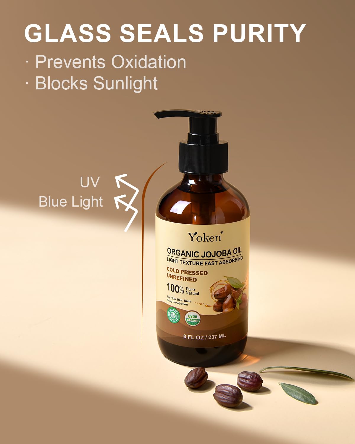 Yoken Organic Jojoba Oil, Pure Cold Pressed Unrefined