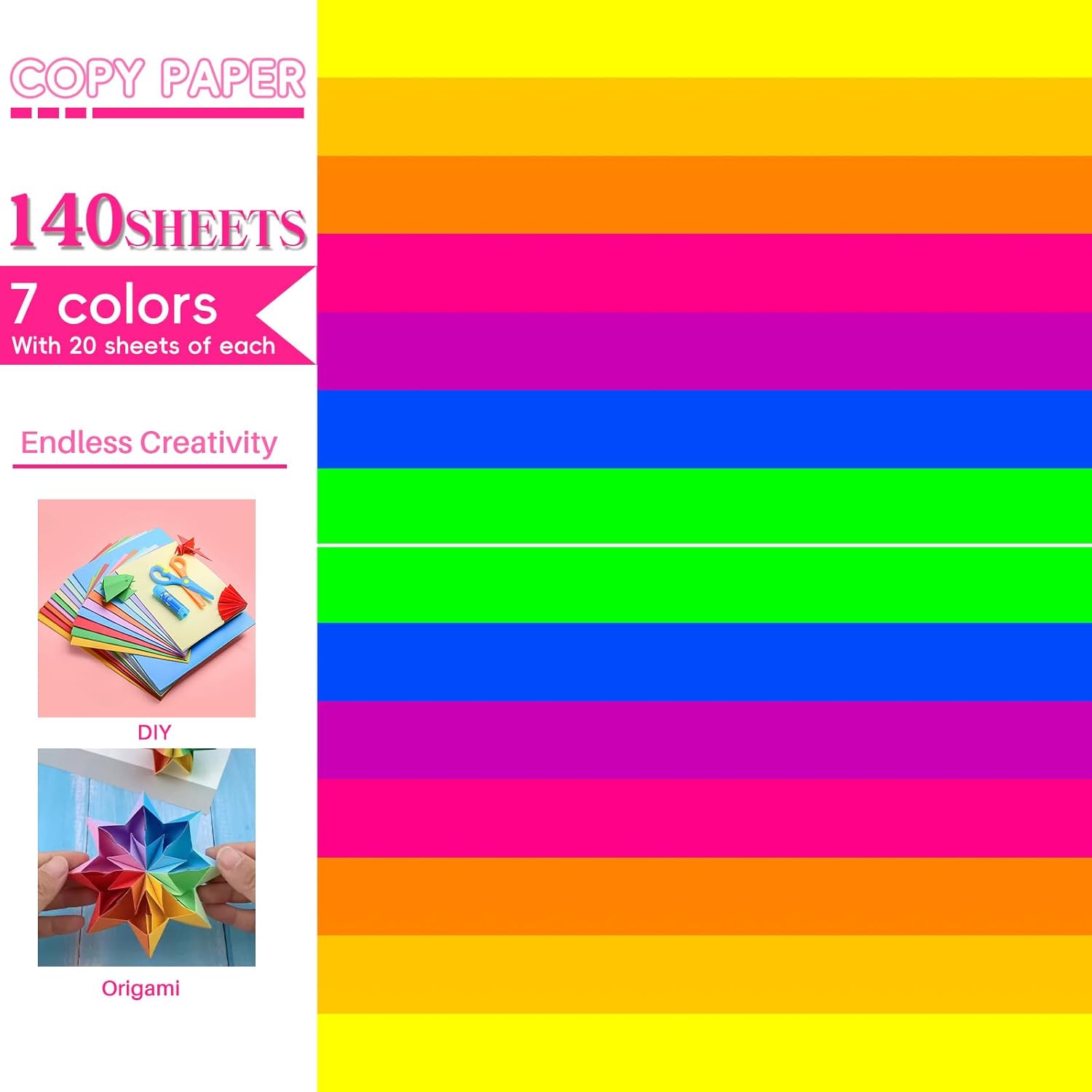 Colored Copy paper 8.5X11 Inches,140 Sheets 20 lb/80GSM 7 Colors Neon Fluorescent Letter Size Printer Multipurpose Paper for Office School Education Daily Printing,Document Copying,Study
