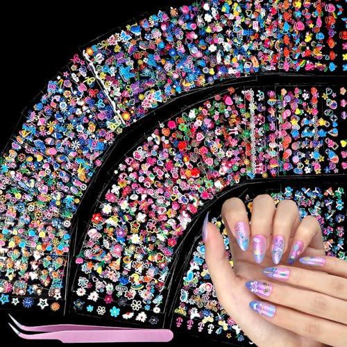 Teenitor 50 Sheets Nail Stickers for Kids 3D Cute Girls Nail Art Stickers Heart Flower Butterfly Bow Nail Decals for Nail Art Fingernail Stickers for Women Self Adhesive Nail Decorations in Summer