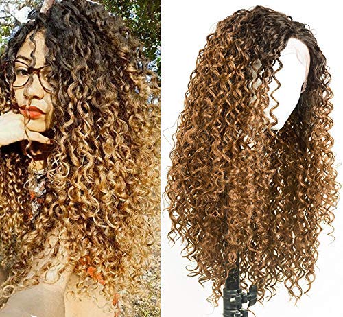 RunM Blonde Long Curly Lace Front Wigs For Black Women Ombre Dark Brown Roots Glueless Heat Resistant Synthetic Lace Front Wig Curly (Blonde mix Brown Fiber)