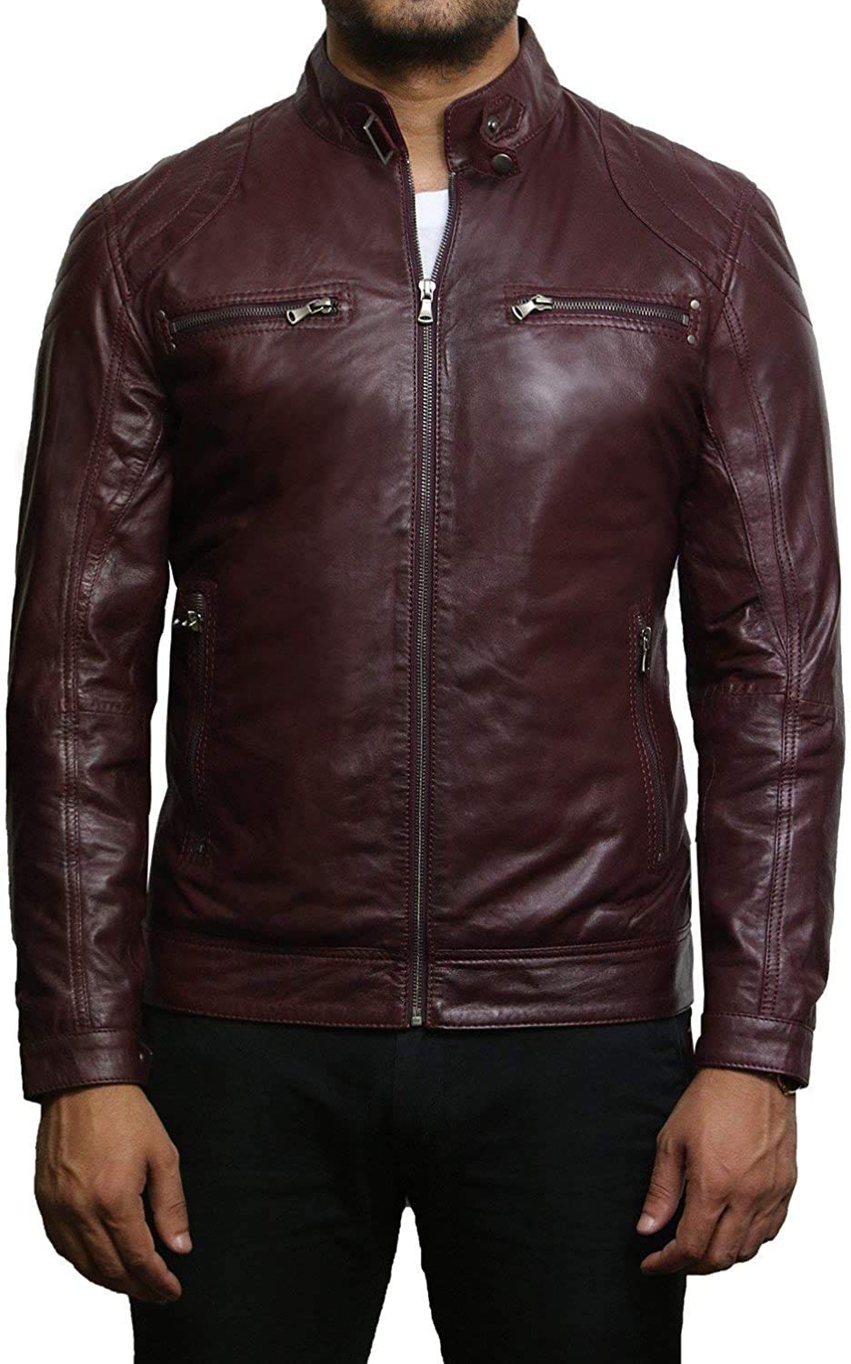 Brandslock Men's Burgundy Leather Jacket Genuine Lambskin Moto Biker Slimfit