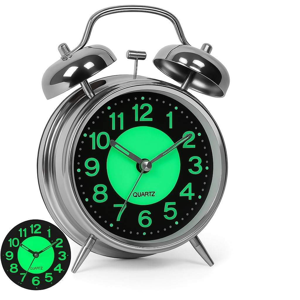 silver radium metal twin bell alarm clock – silent sweep movement high volume ring adjustable night backlight vintage bedside table clock for bedroom pack of 1
