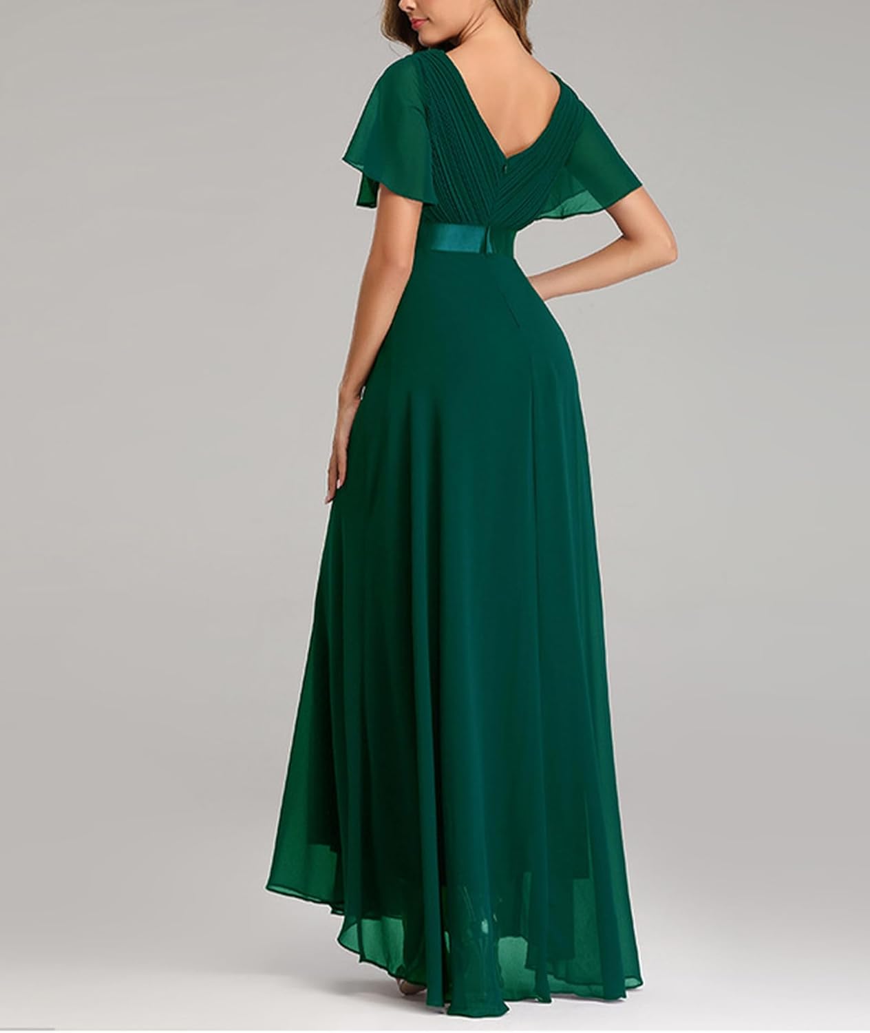 Women's Short Sleeve A Line Empire Waist Long Evening Gowns Chiffon V Neck Swing Bridesmaid Formal Party Dress - Image 5