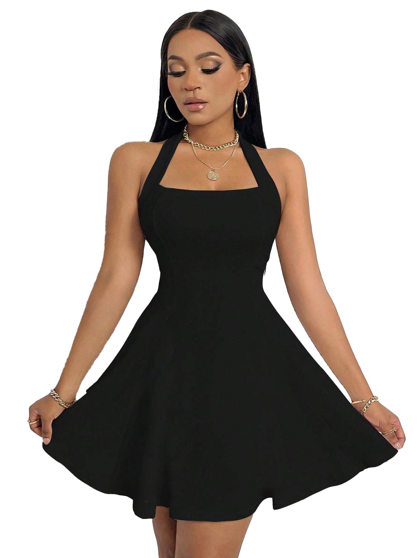 tivante Solid Halter Neck Sleeveless Fit & Flared Mini Dress for Women-picture-48