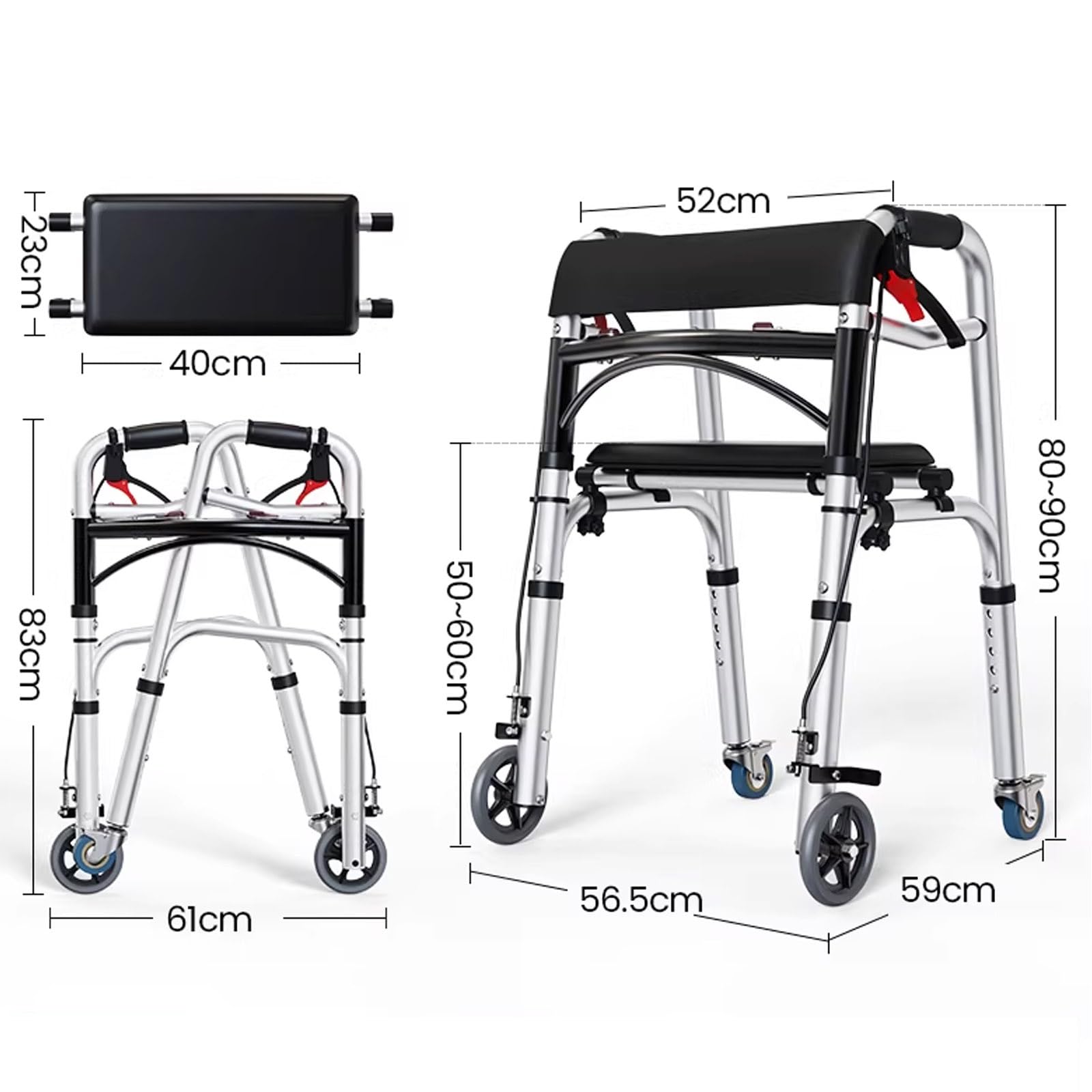 Andador Plegable Ligero con Doble Freno, Andadores de 4 Ruedas con Asiento, Andador de Movilidad de Altura Ajustable for Personas Mayores y Personas con Movilidad Reducida
