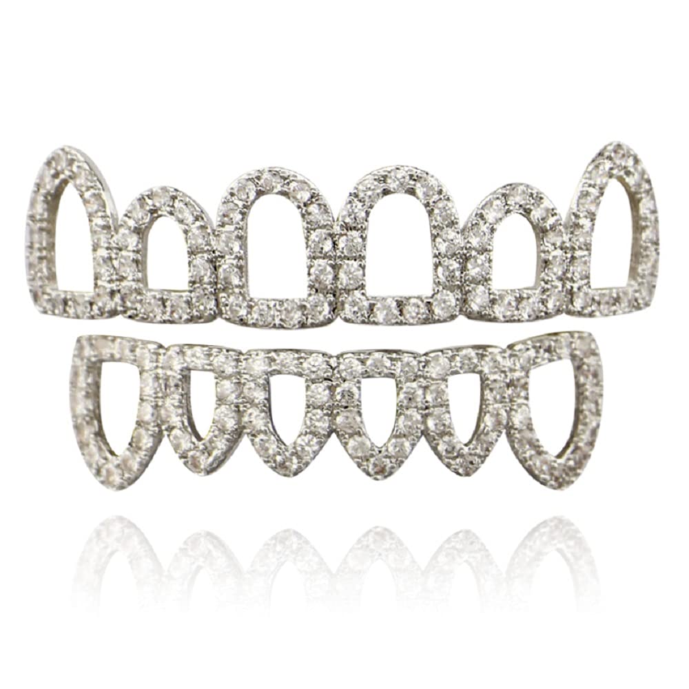 BUUEERRGold Shiny Plated Hip Hop Teeth Grillz Caps Iced Out CZ Top and Bottom Vampire Fangs Grillz for Your Teeth for Men and Women