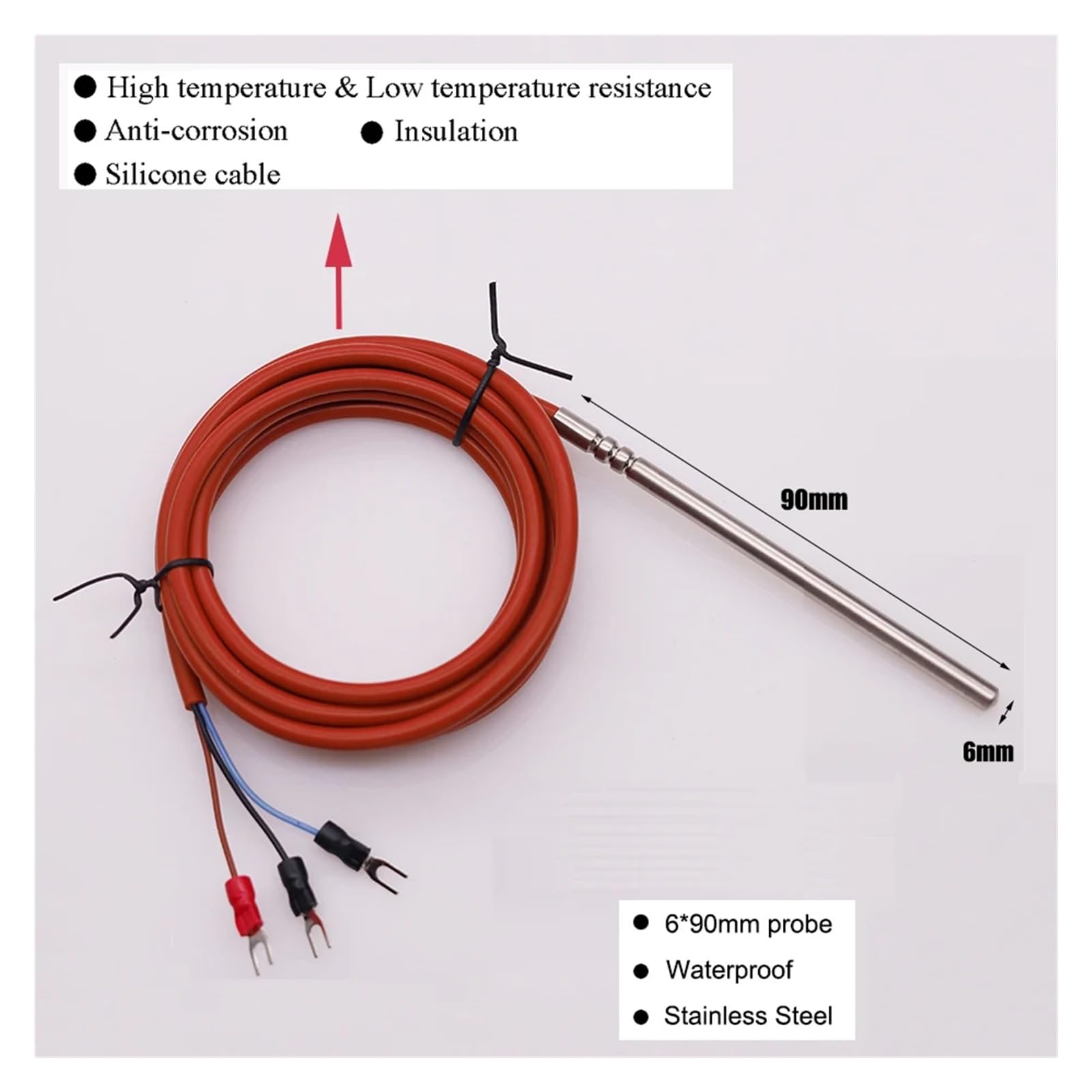 5 uds 6*90mm 3 cables tipo PT100 termopar sonda de temperatura impermeable Sensor alto con Cable silicona(With 1m cable)