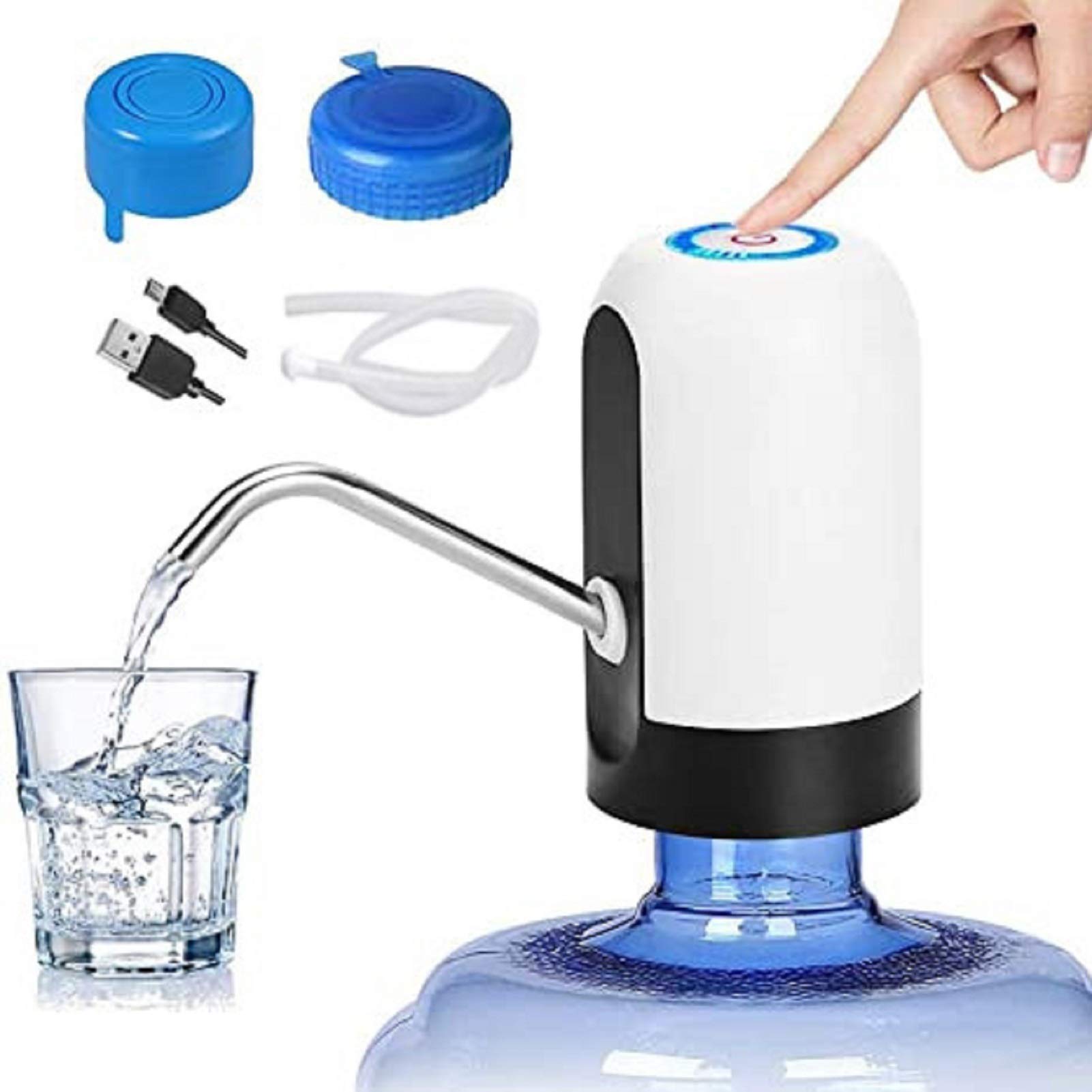 Yangfa Water Bottle Pump USB Charging Automatic Drinking Water Dispenser for 2-5 Gallon Bottle with 2PCS Non-Spill Caps for Home, Office, Travel,Kitchen，Portable Water Dispenser for Camping (White)