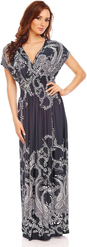 Long Casual Ladies Maxi Summer Holiday Short Sleeved Kimono Beach Sun Dress Elastic Waist UK 8 10 S Navy Blue Vine Leaves