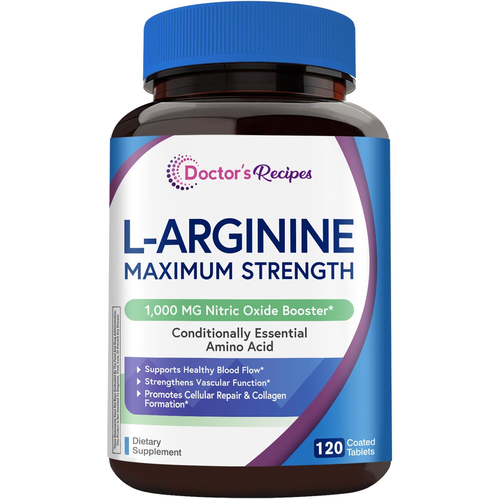 Doctor's Recipes L-Arginine 1000mg, Maximum Dose, Nitric Oxide Production, Blood Flow and Vascular Function, Endurance and Workout Support for Men and Women, 120 Coated Tablets