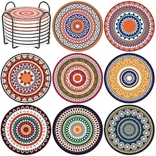Mandala Coasters Set of 8, Coasters for Drink Absorbent Ceramic Round Coasters with Cork Base for Coffee Table, Housewarming Gift Stone Coasters with Holder
