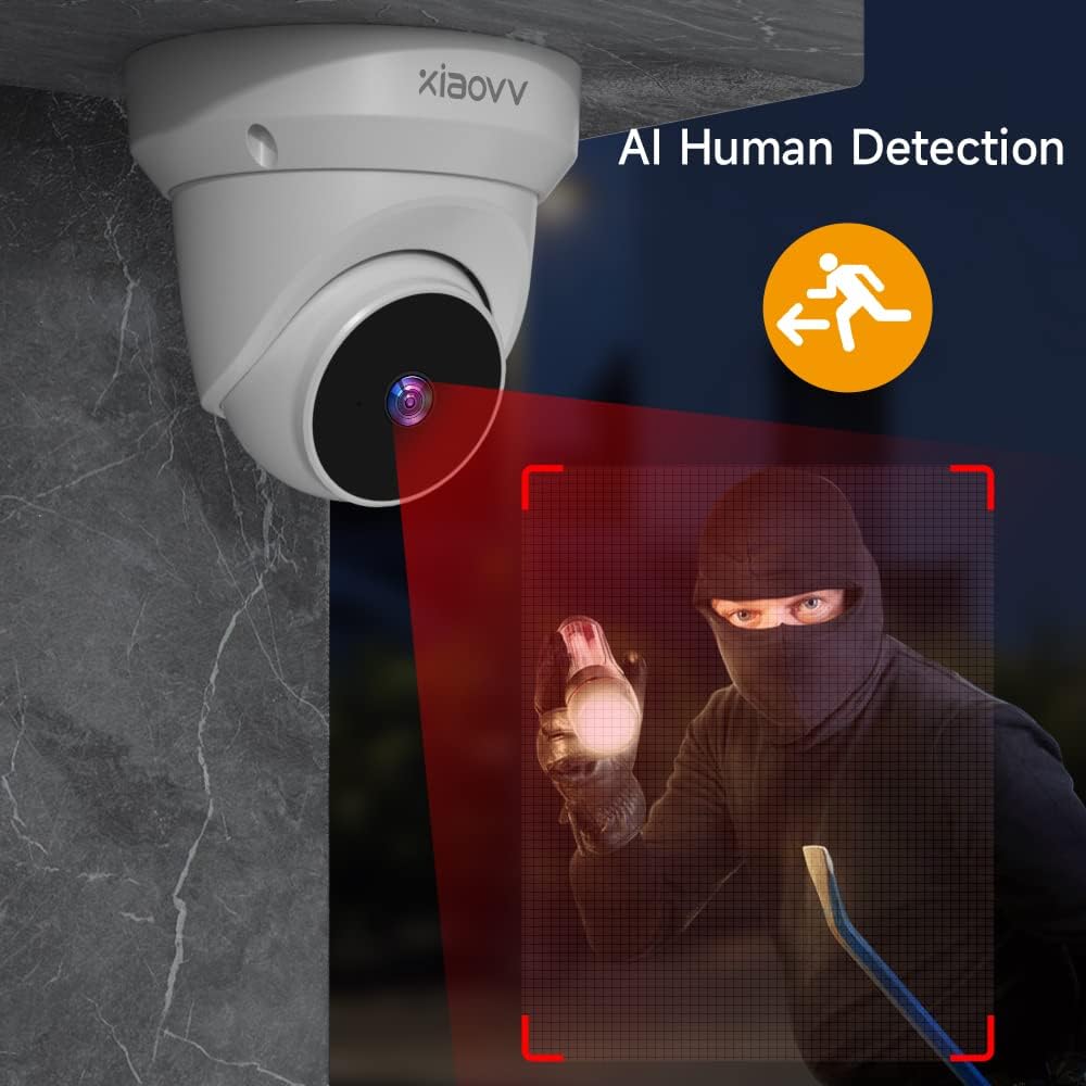 XIAOVV security camera detecting a human figure with a red detection box and an AI Human Detection icon.