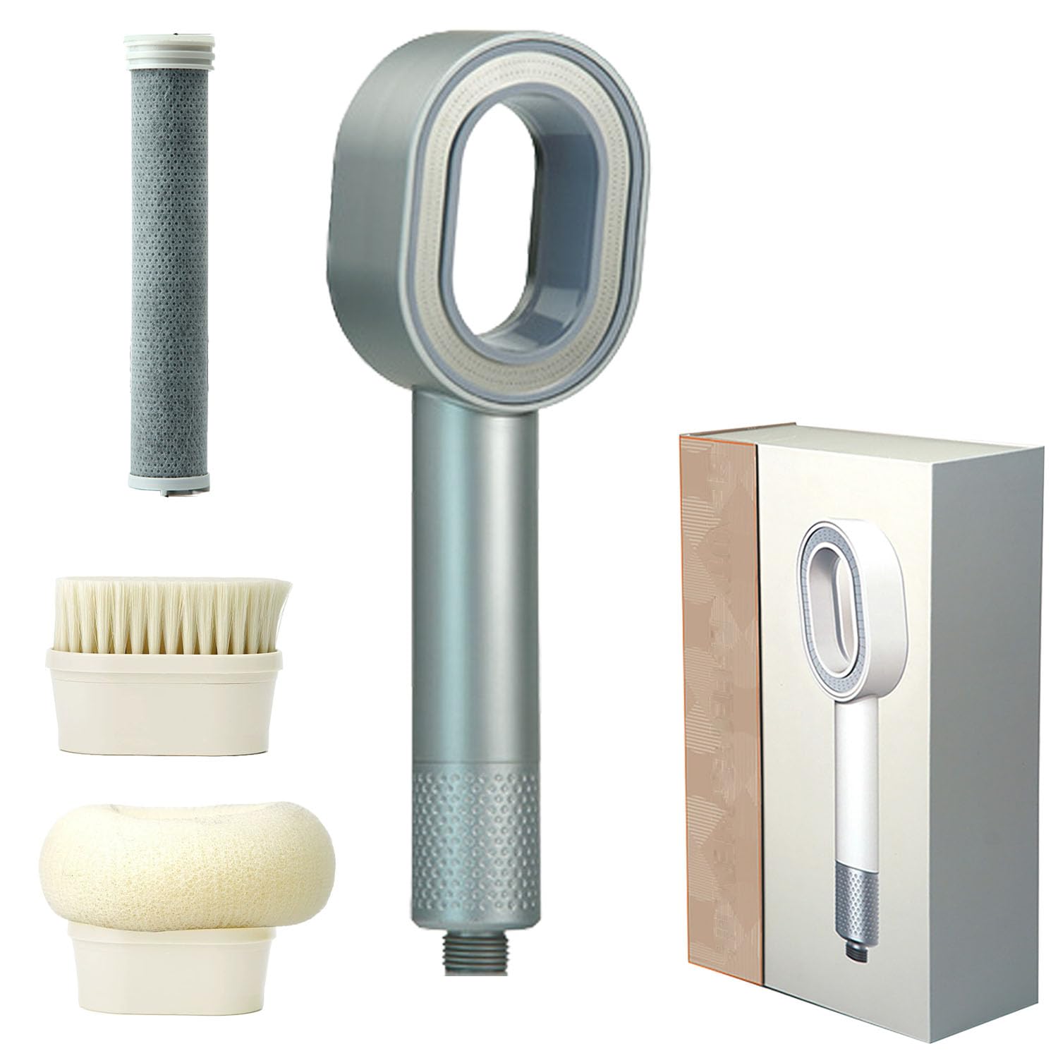 Alcachofa de ducha con cepillos de limpieza y filtro de carbón activo de carbono, ducha de mano de alta presión con filtro eliminado, cloro residual, cal y metal pesado, ahorro de agua (plateado)
