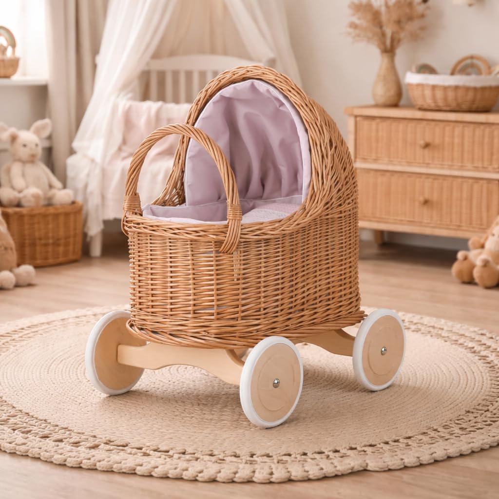 Korbpuppenwagen mit Holzuntergestell – Vintage-Stil, wunderschöne Dekoration für Fotoshootings (Pink)