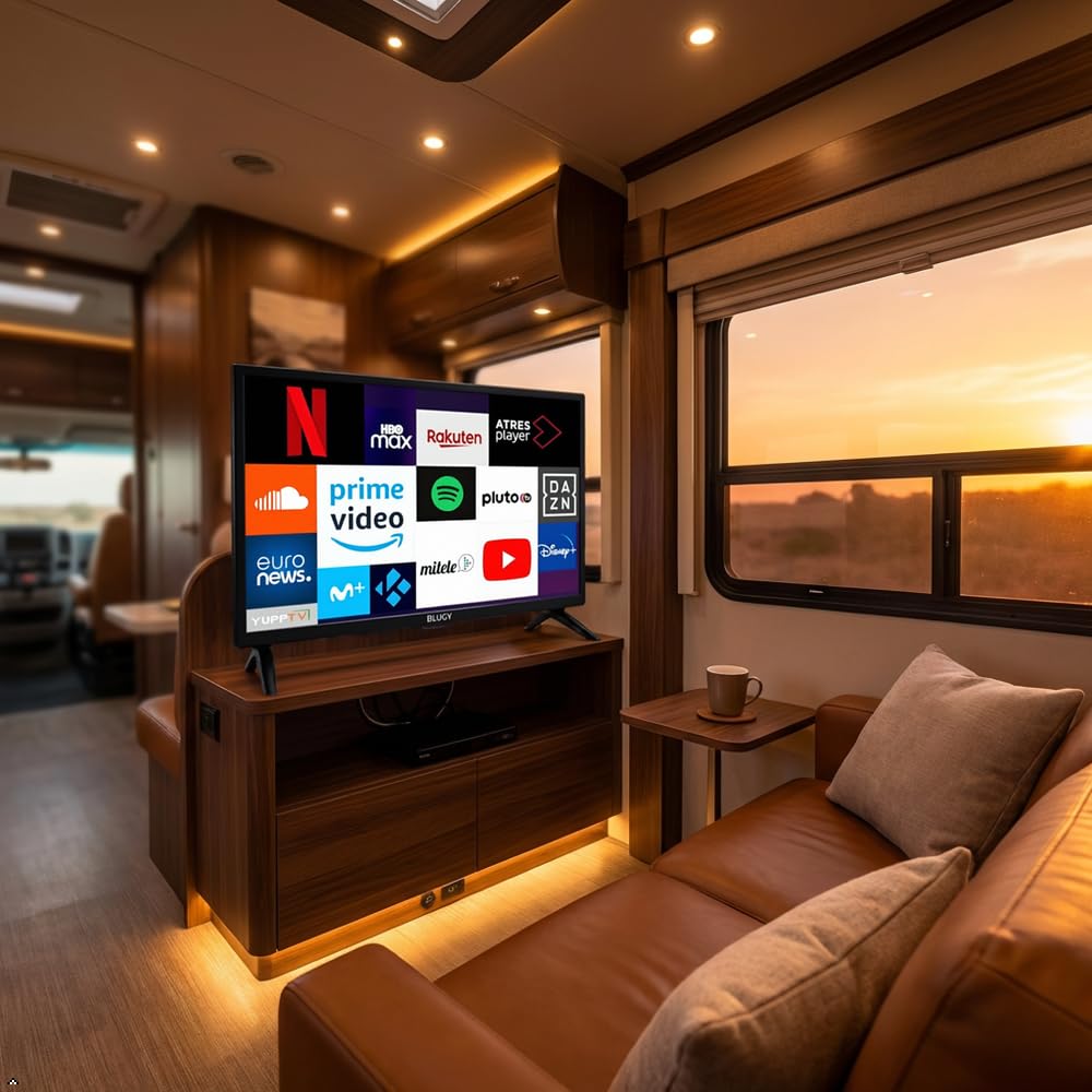 Televisión Smart 19" LED HD, 12V, 1366x768 píxeles Travel TV Ideal para vehículos, caravanas, Camiones, Barco, Altavoz Integrado Disney+ Netflix Youtube [Clase de eficiencia energética A]