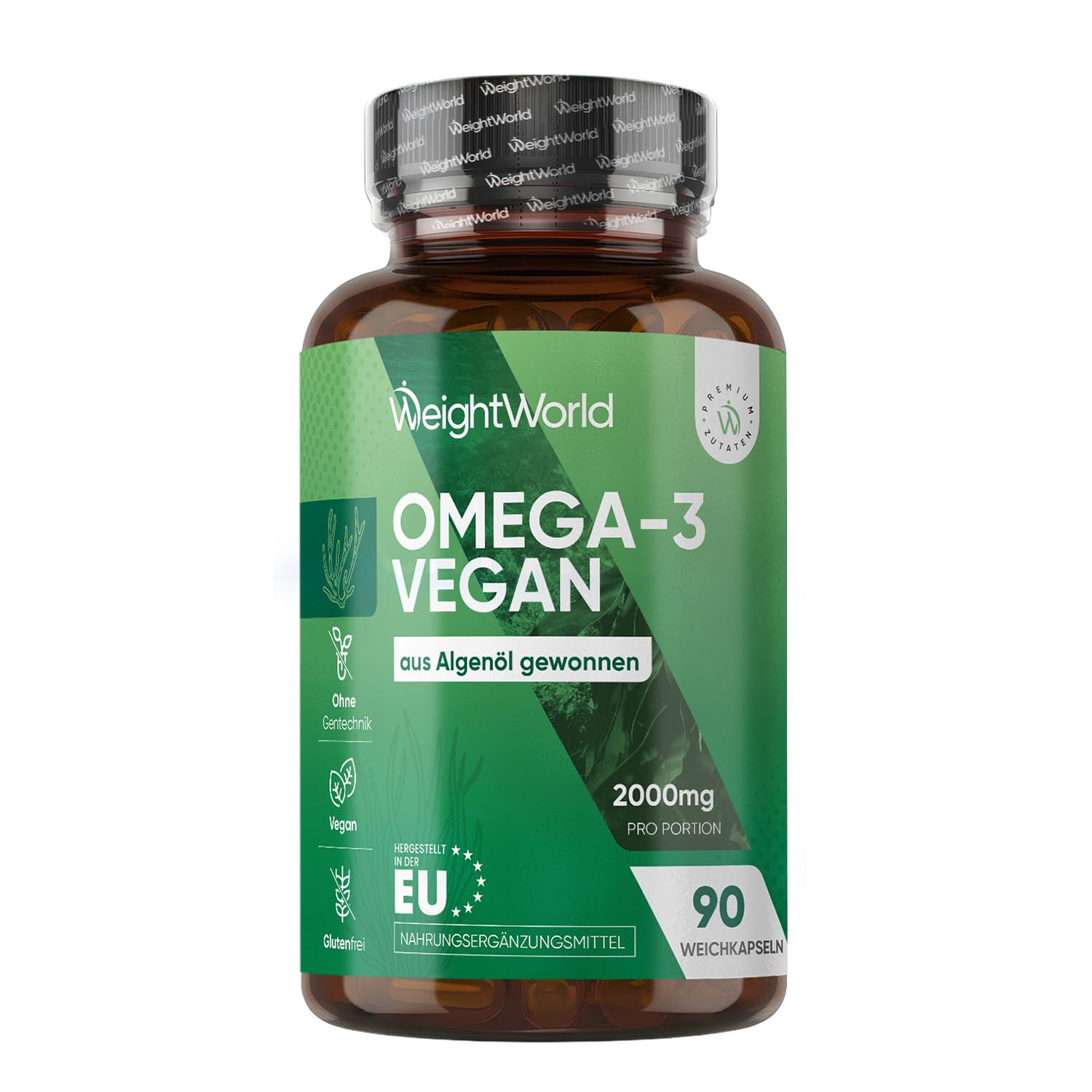 Omega 3 Vegan - 90 Weich-Kapseln - 2000 mg Omega 3 Algenöl liefern 600 mg DHA & 300 mg EPA pro Portion - EPA & DHA tragen zur normalen Herzfunktion bei (EFSA) - WeightWorld