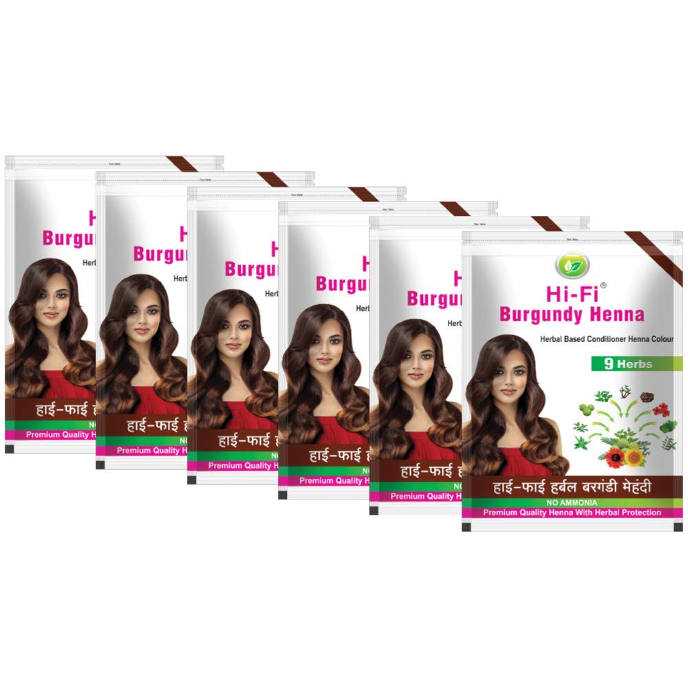 Hi-Fi Natural Burgundy Hair Mehandi (Henna) Ammonia Free 40gm -(Pack of 6)
