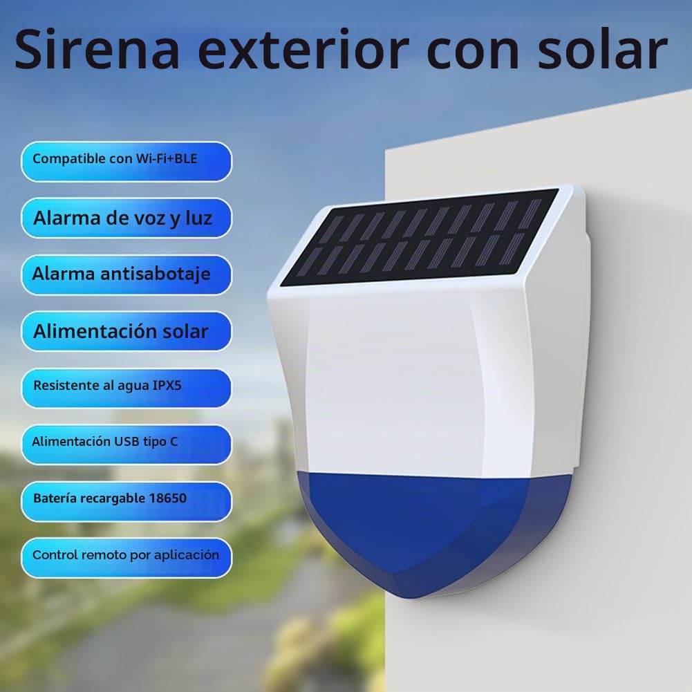 Tuya WiFi Sirena Alarma Exterior Sonido y Luz Alarma Impermeable Solar Sonido Luz Alarmas