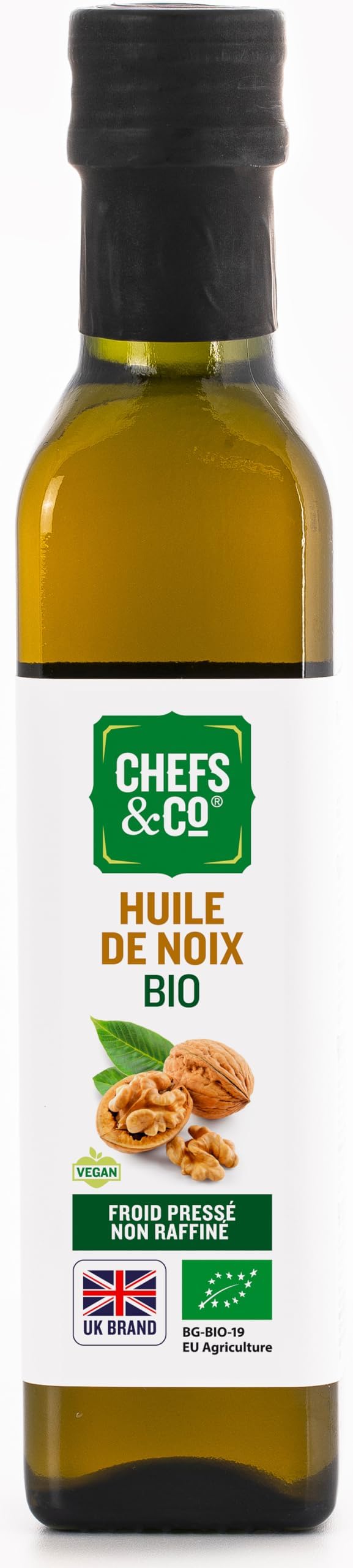 CHEFS& CO | Cold Pressed Organic Walnut Oil for Cooking (Unrefined)-250ml in a Glass Bottle | Gently Cold Pressed Without Chemicals | Premium Quality | Vegan | Gluten-Free | Non-GMO | Cooking Oil