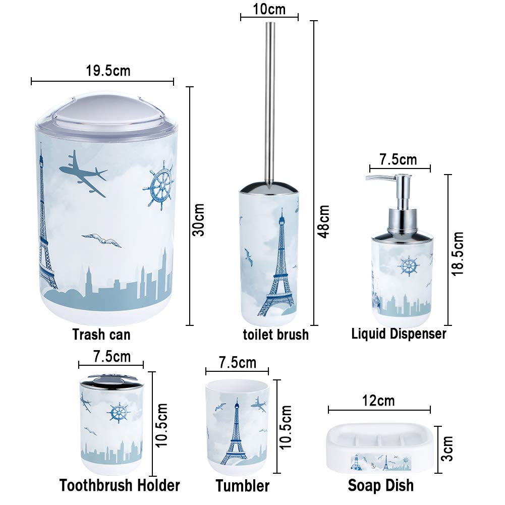 JOTOM 6 Pieces Bathroom Accessories Set,Plastic Bathroom Accessories Toothbrush Holder,Cup,Soap Dish,Hand Sanitizer Bottle,Trash Can,Toilet Brush (Lighthouse)