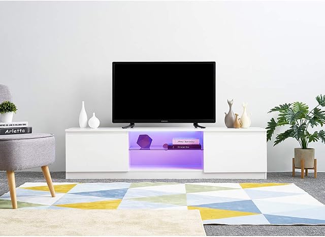 Panana 63inch TV Stand Television Stands TV Console Unit 2 Doors Storage Cabinets With Glass Shelf RGB LED Lighted for TVs up to 65 70 Inches (White)