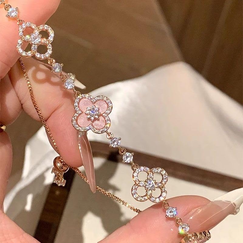 Crystal Floral Adjustable Bracelet, Rose Gold Plated, Pink Cherry Blossom Design with Rhinestones, Sliding Clasp3