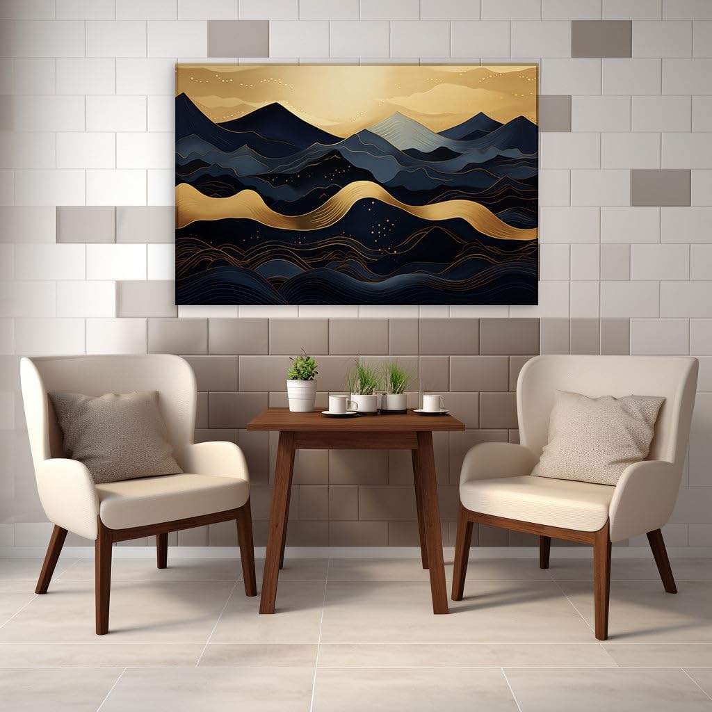 Canvas for Living room. Golden Serenity Amongst Digital Peaks: A Vision in Blue and Gold, 27 x 18 inch Canvas Wall Art - Contemporary Masterpieces - Modern Home Decor - 69x46 cm (27x18 inch)