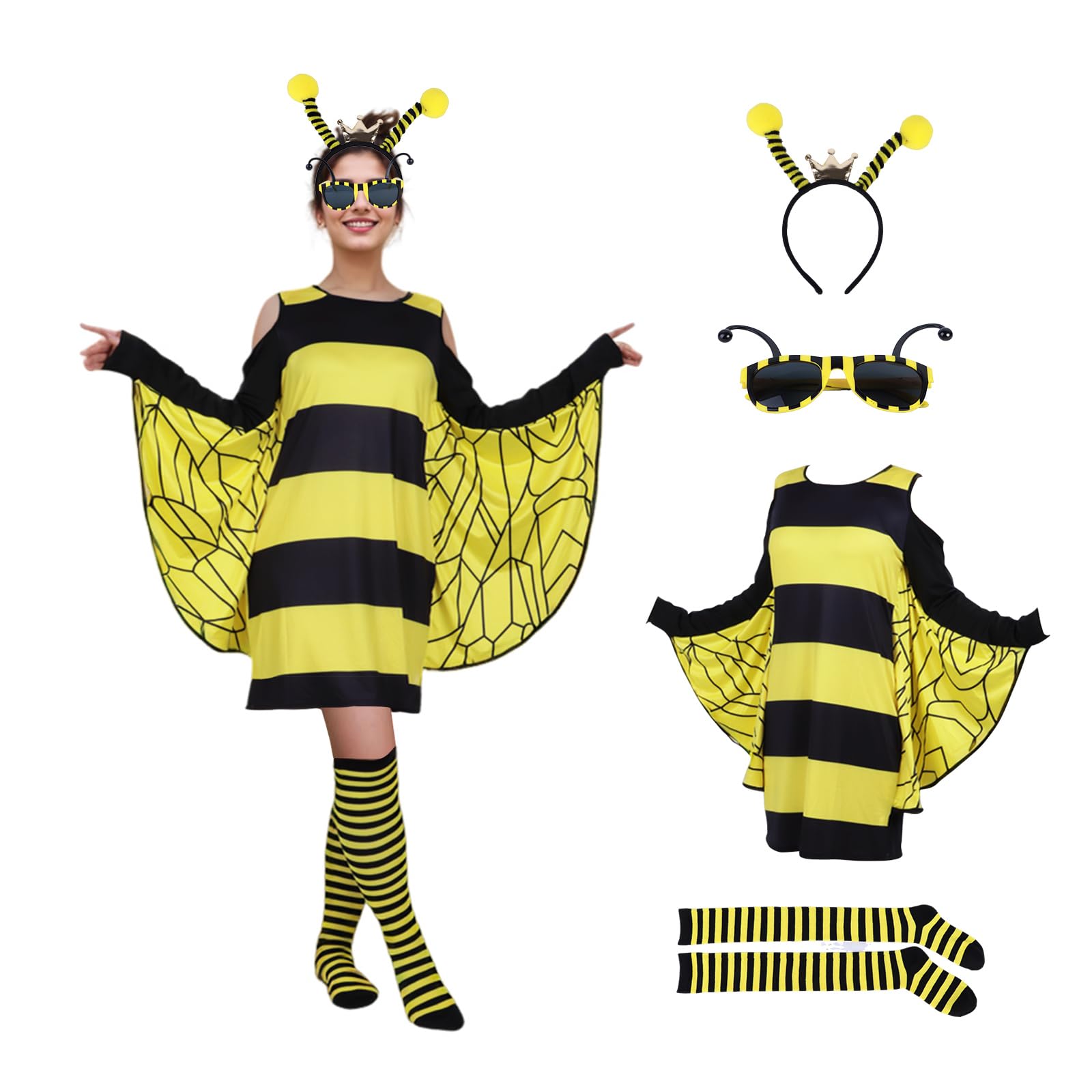 Adult Yellow and Black Striped Bee Costume with Tutu Skirt and Wings M