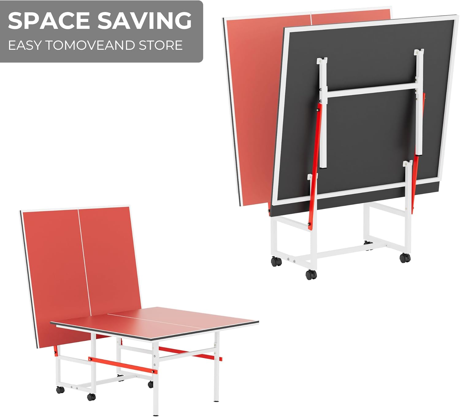 Mid-Size Table Tennis Table, Foldable & Portable Professional Ping Pong Table for Indoor & Outdoor Games with Net, 2 Table Tennis Paddles and 3 Balls,Easy to assemble (Red, 8FT)