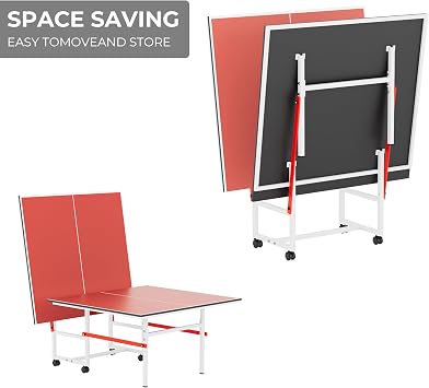 Mid-Size Table Tennis Table, Foldable & Portable Professional Ping Pong Table for Indoor & Outdoor Games with Net, 2 Table Tennis Paddles and 3 Balls,Easy to assemble (Red, 8FT)
