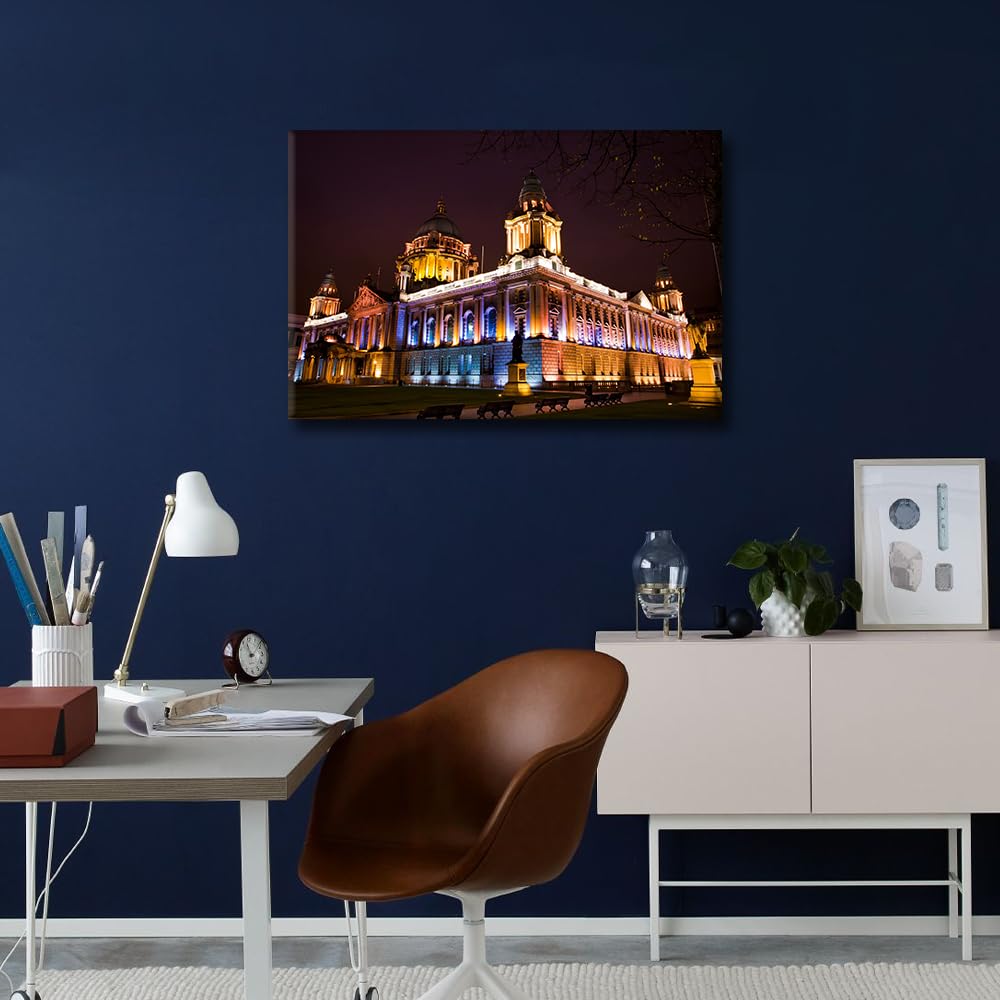 TISHIRON 1 Piece Belfast North Ireland Skyline Canvas Wall Art Night City Center Cityscape Paintings Modern City Picture for Bedroom Home Decoration for Living Room Framed Ready to Hang 16x24 in - Image 4