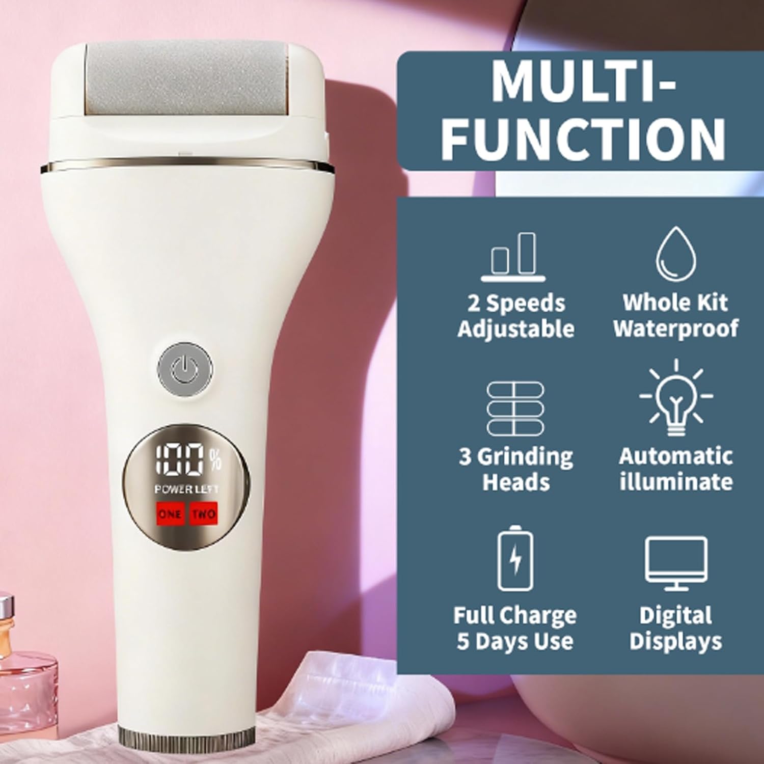 Professional Electronic Foot File & Callus Remover Kit, Rechargeable Portable Pedicure Tool with 3 Replaceable Heads, IPX5 Waterproof, Removes Dead, Hard, Cracked Dry Skin, Perfect Home Spa Gift