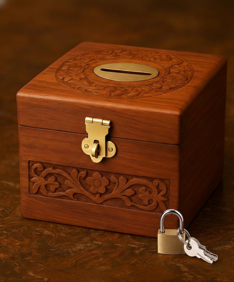 Zyvontra Wooden Money Bank for Kids Natural Wood Coin Saving Box Square Shape 4x4x4 inch Childrens Piggy Bank Gift Idea for Boys and Girls. with Lock