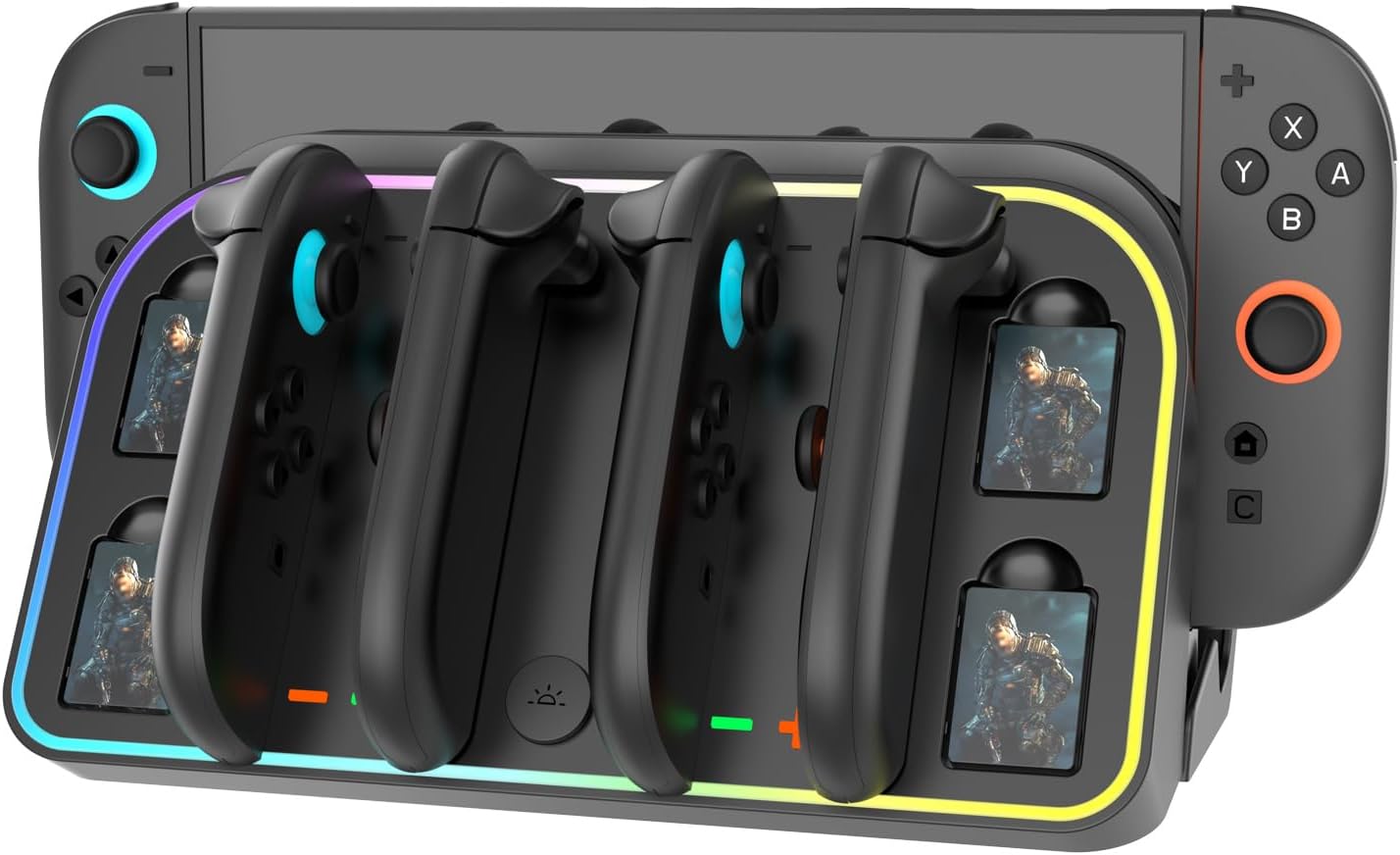 Wall Mount Charging Dock Station for Nintendo Switch 2,Controller Charging Dock Base with 7 RGB Light Modes and LED Charging Indicator,4 Game Card Slots,Black
