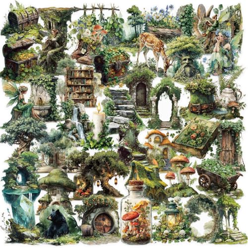 50PCS Forest Stickers PET Transparent Stickers Vintage Fantasy Forest Decals Waterproof Decorative Decals for Scrapbook DIY Crafts Album Bullet Journal Planner Water Bottles Laptops (Forest)