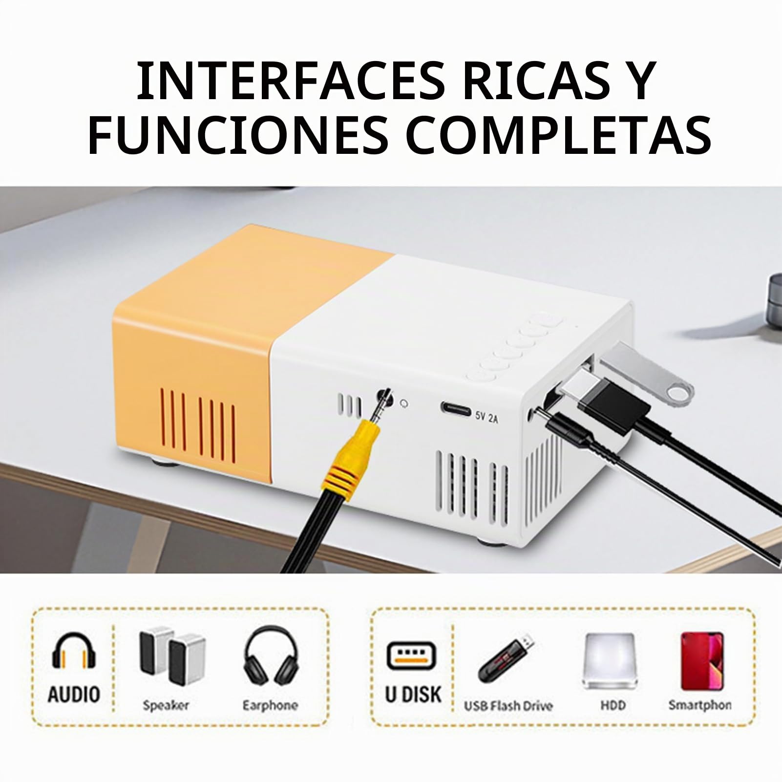 Mini Proyector, Proyector Portátil de 1080p, Proyector de Películas de Brillo de 6000lm, Manual de Corrección Automática de Foco 100 '' Proyector Al Aire Libre Compatible para