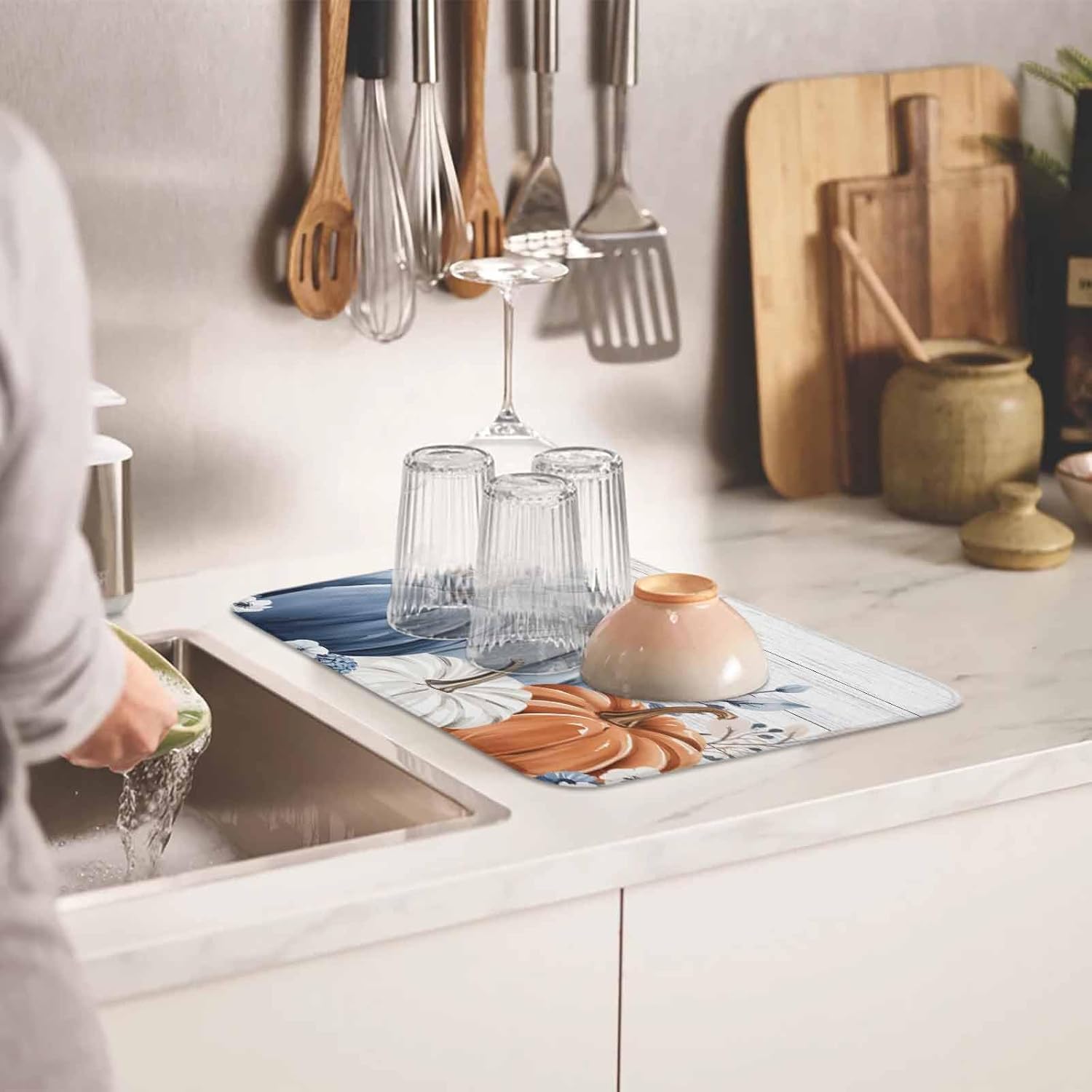 Blue Grey Pumpkins Fall Dish Drying Mat for Kitchen Counter, Thanksgiving Maple Leaf Baby Bottle Microfiber Drying Pad, Vintage Wooden Absorbent Coffee Cup Dishes Drainer Mats 18"x24", 2 Pcs