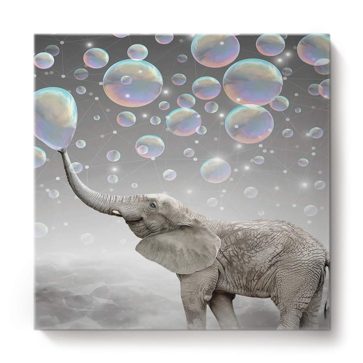 Canvas Wall Art Square Artworks for Wall,Funny Elephant with Bubble Grey Pattern Oil Painting for Hotel Office Home Decor,Stretched by Wooden Frame,Ready to Hang,16 x 16 Inch