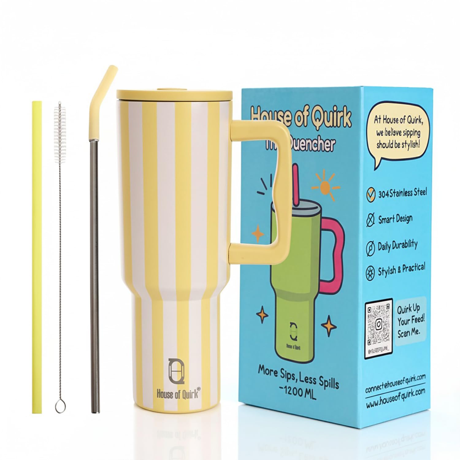 House of Quirk 1200ML Stainless Steel Tumbler with Handle & Lid, 2 Straws – Large Travel Mug Water Cup for Gym, Office & Outdoor Use (Butter Stripe)