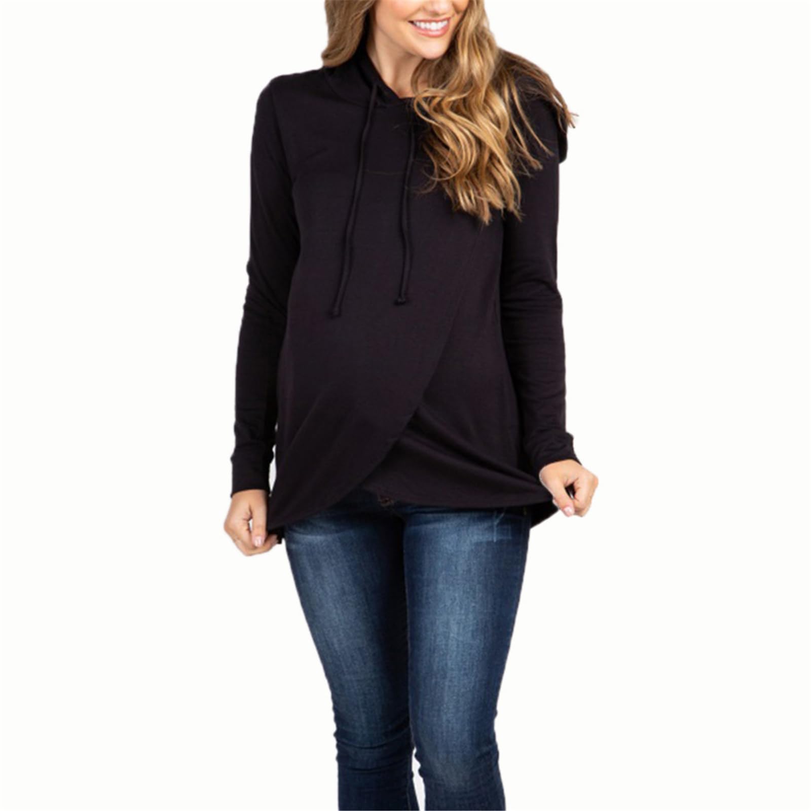 Sudadera de maternidad elástica para invierno, con capucha, tela transpirable, ajuste espacioso, ropa de embarazo, cordón ajustable, algodón y poliéster, sudadera de maternidad