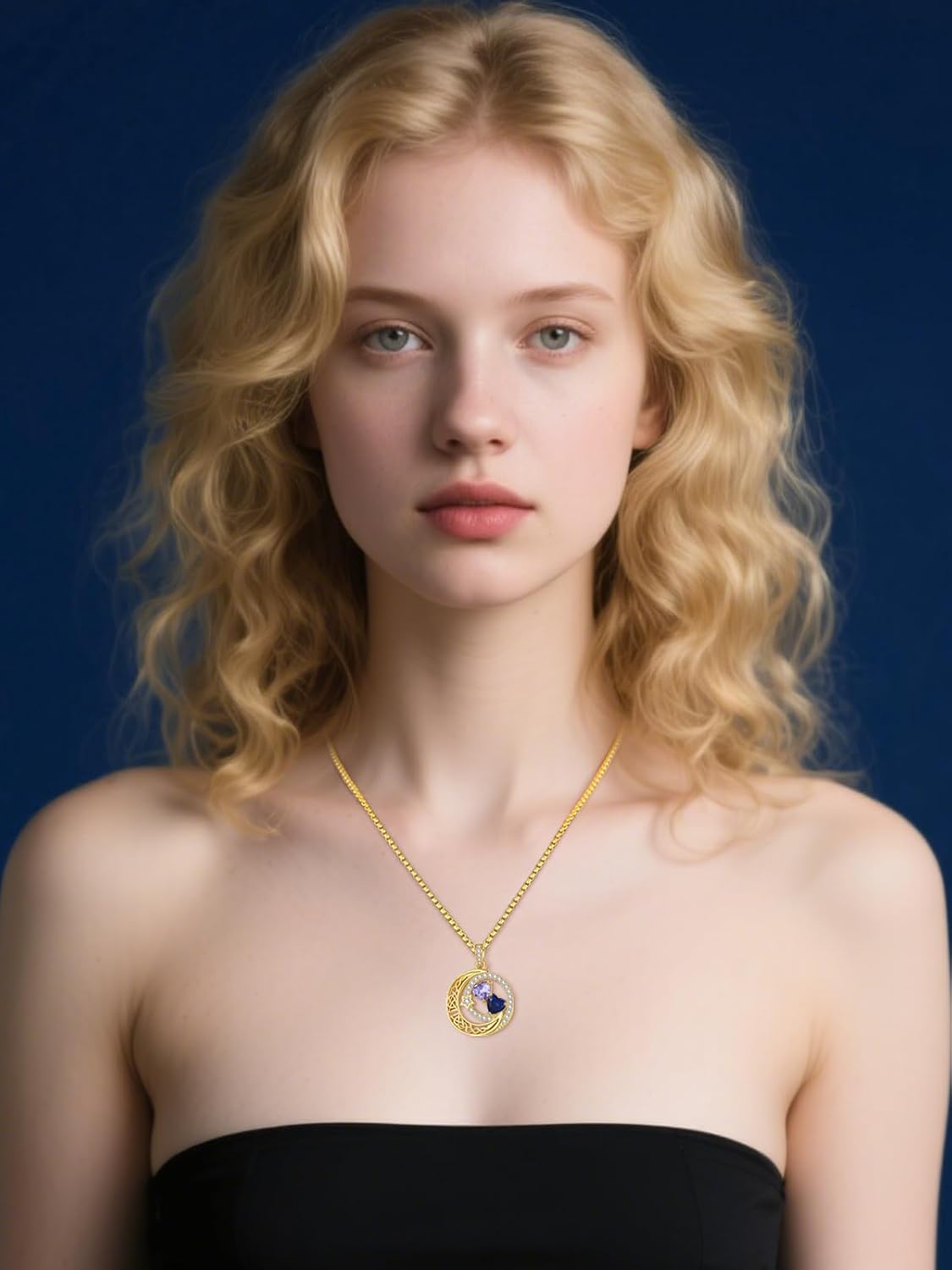14k Gold Plated Moon and Star Necklace Double Birthstone (Jun Alexandrite and Sep Sapphire), Great Wedding Anniversary Birthday Gift for Her, Mothers Day Gift