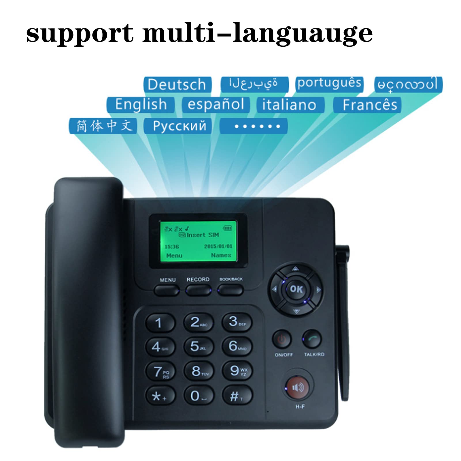 IBOWZ Telefono Fisso Telefono Fisso Wireless gsm Quad Band Wireless,con visualizzazione della Data dell'ora dell'ID chiamante,Doppia SIM,Supporto multilingue,per telefoni fissi dell'hotel,Ufficio