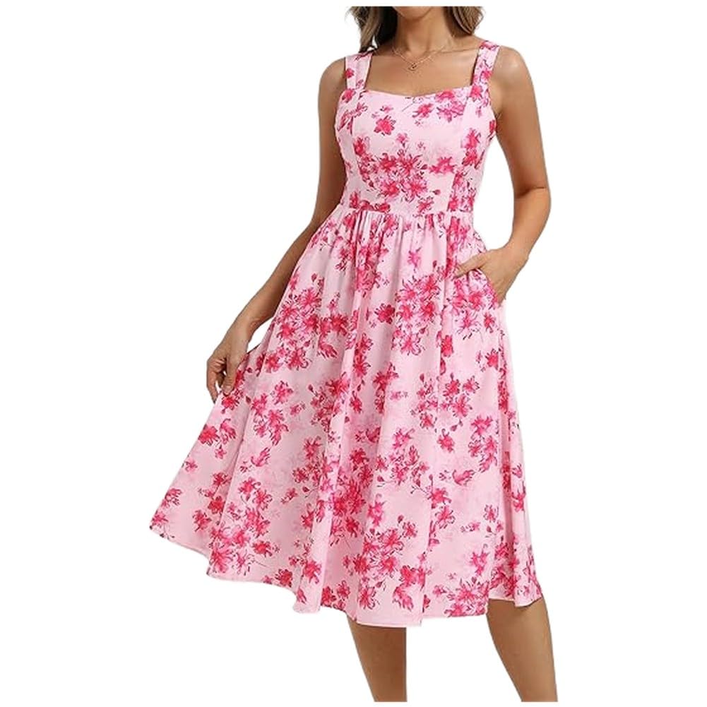 Belle Poque Robe midi à imprimé floral pour femme, col carré, sans manches, robe d'été décontractée avec poches