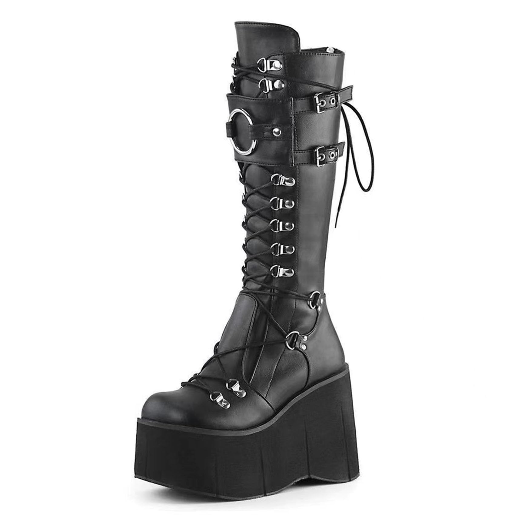 KOKOMOMO Womens Chains Goth Platform Boots Lace Up Chunky Heel Knee High Combat Military Boots