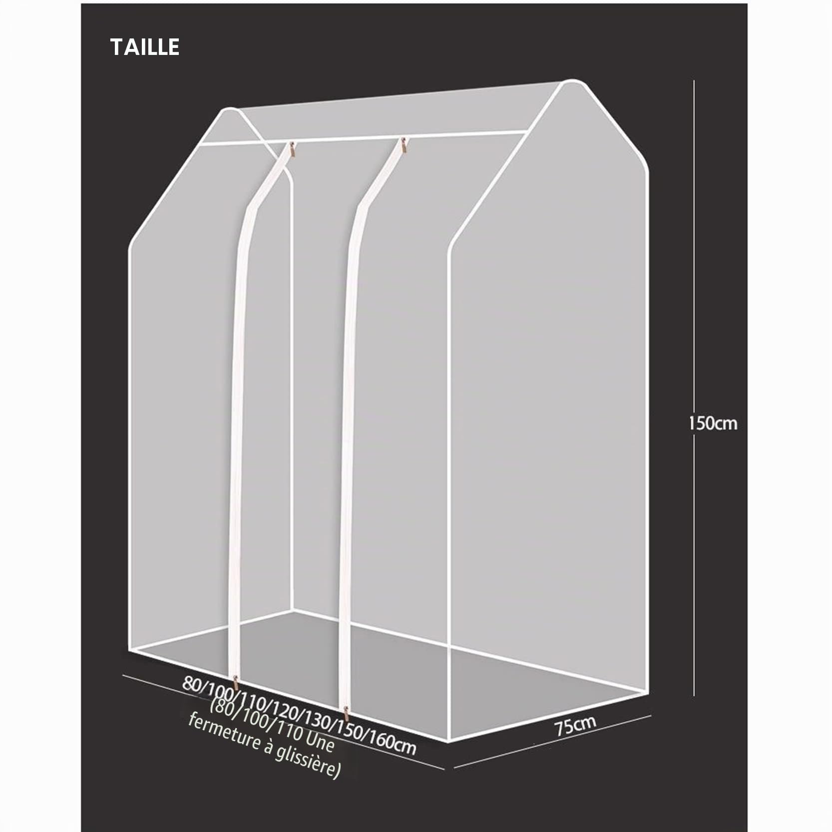 Housse de portant à vêtements étanche à la poussière, transparent/translucide, housse de portant à vêtements imperméable, sac à vêtements suspendu avec fermeture éclair durable pour organisateur de