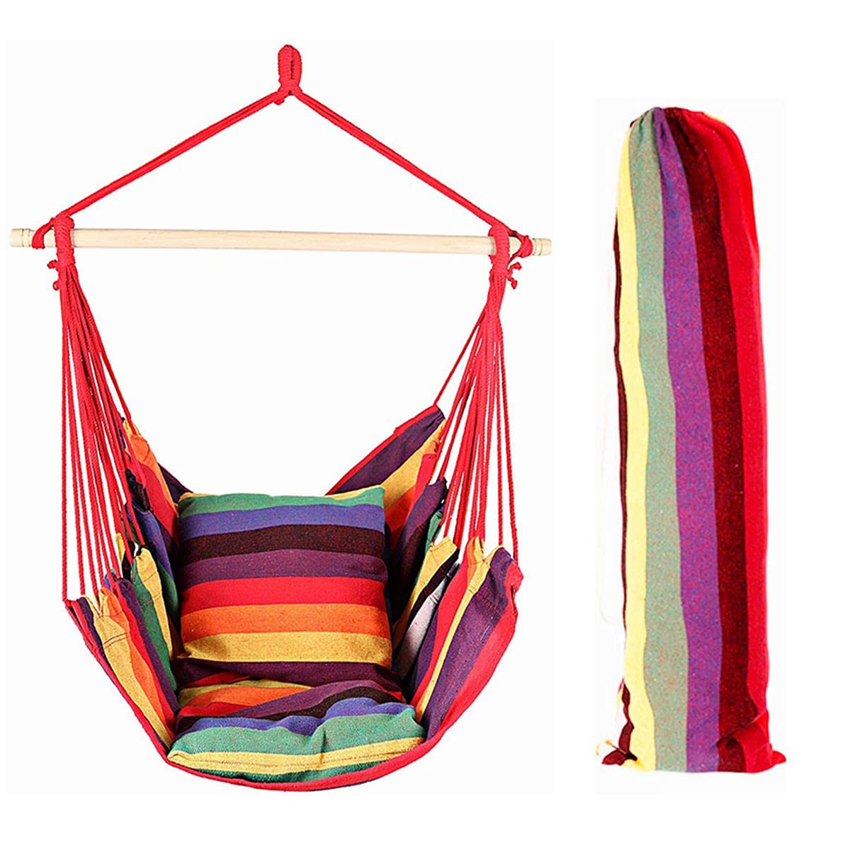 EverKing Hanging Rope Hammock Chair Porch Swing Seat, Large Hammock Net Chair Swing, Cotton Rope Porch Chair for Indoor, Outdoor, Garden, Patio, Porch, Yard - 2 Seat Cushions Included (Red Stripe)