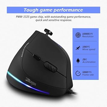 zelotes Ergonomic Mouse with Joystick, Vertical Mouse, 10000DPI, 11 Programmable Buttons, USB Optical Mouse with Cable, Gaming Mouse for Laptop, PC, Black
