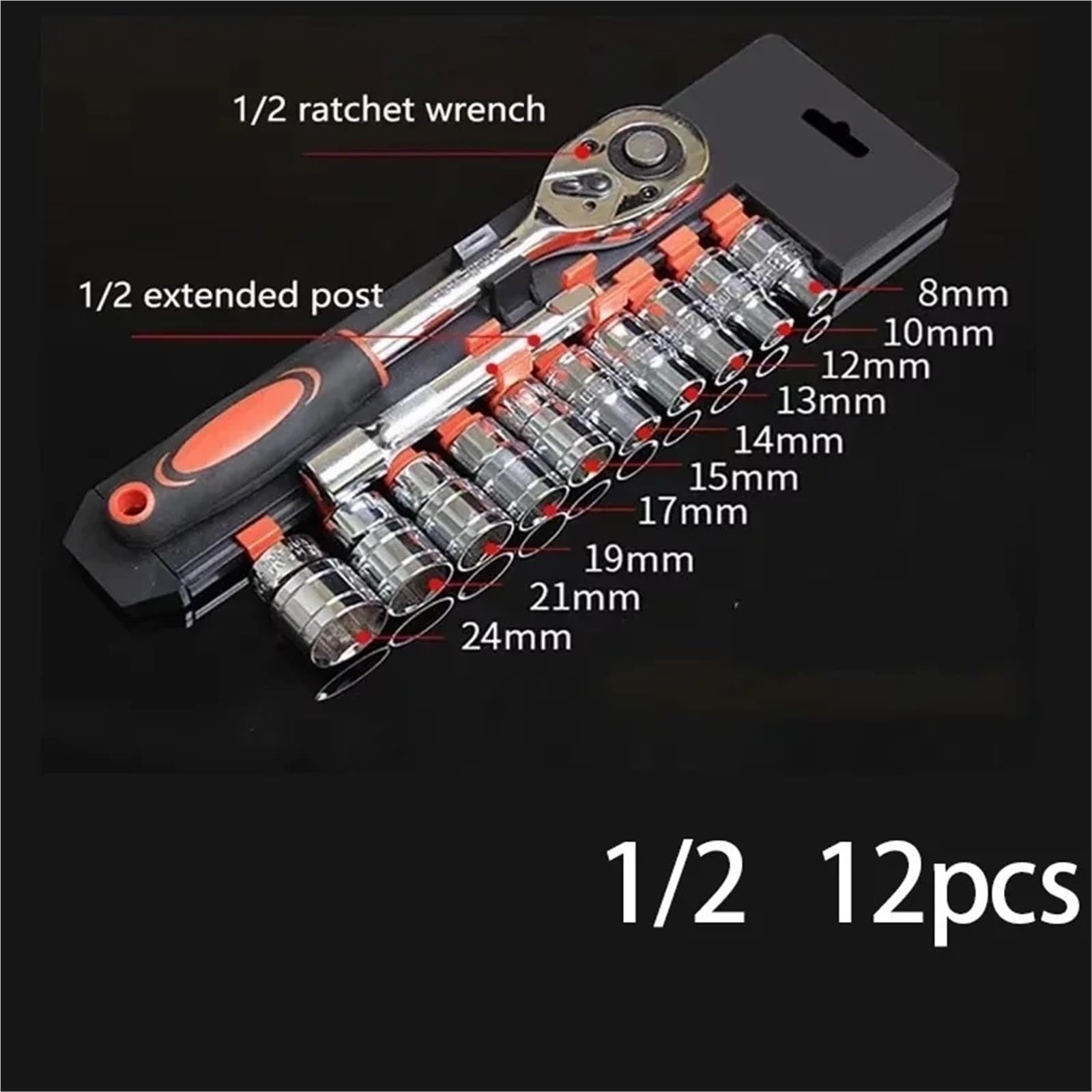 gereedschap voor demontage Zestaw 12 narzędzi samochodowych nasadowych, klucz grzechotkowy 1/4" z grzechotką, narzędzia konserwacyjne, sześciokątne set Auto Demontage Gereedschap(1-2inch 12pc set)